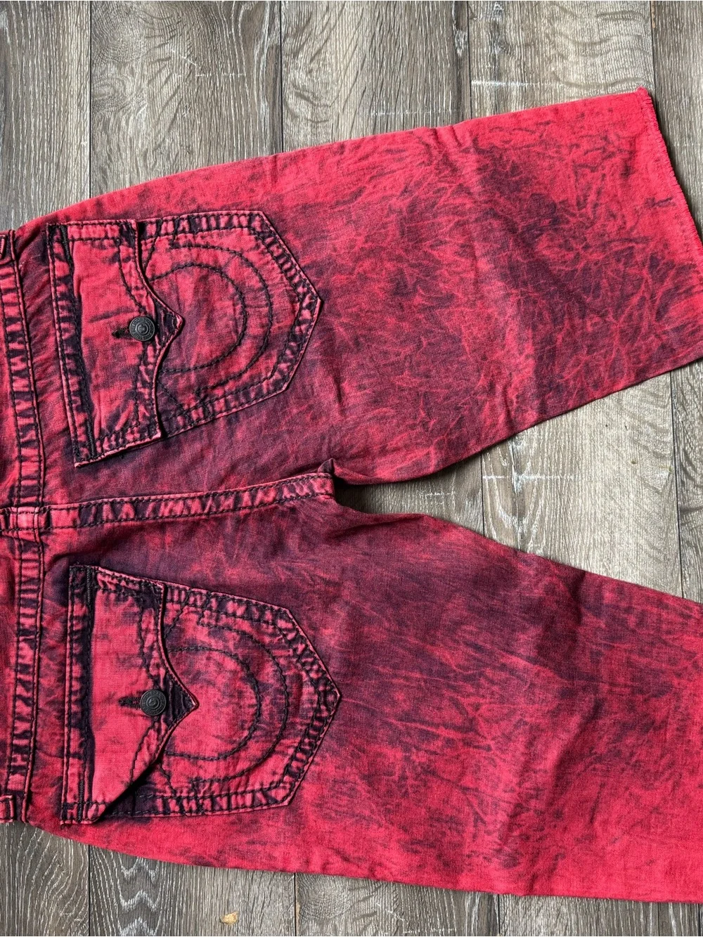 True Religion Red and Black Acid-Wash Denim Shorts